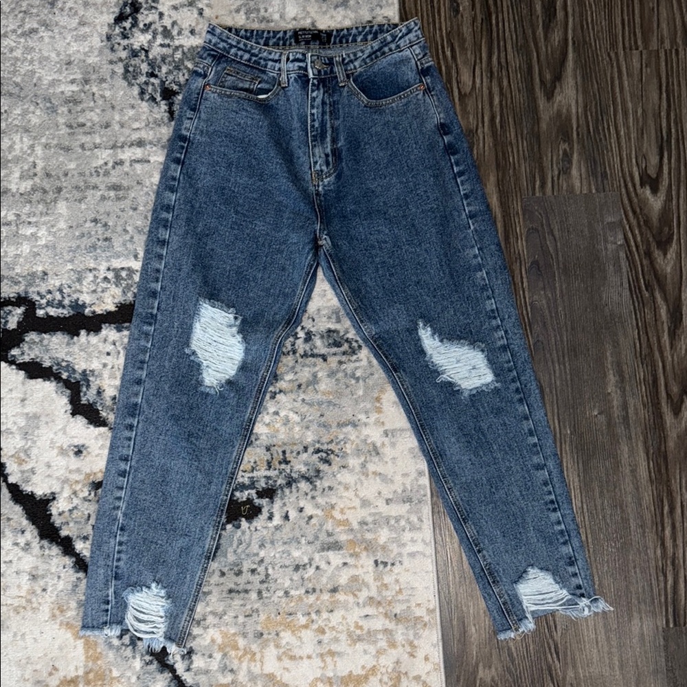 Slim Mom Distressed Blue Jeans
